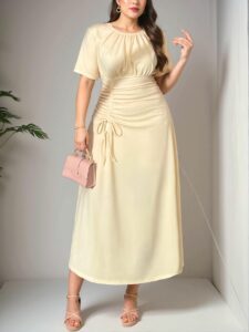 Elegant Apricot Chic Plus Size Women's Summer Maxi Dress with Drawstring Waist and Ruched Detail for Business Casual and Everyday Wear – Chic, Classy and Trendy Fashion Style to Dress to Impress