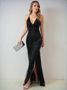 Elegant Black Sequin High Waist Sleeveless Backless Maxi Dress, Chic Evening Attire for Special Occasions, Perfect for party, prom, graduation day, and ceremony for university, college, and high school, Formal Evening Dinner Cocktail, Wedding Guest Gown, Chic, Classy and Trendy Fashion Style to Dress to Impress