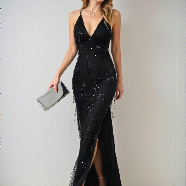 Elegant Black Sequin High Waist Sleeveless Backless Maxi Dress, Chic Evening Attire for Special Occasions, Perfect for party, prom, graduation day, and ceremony for university, college, and high school, Formal Evening Dinner Cocktail, Wedding Guest Gown, Chic, Classy and Trendy Fashion Style to Dress to Impress