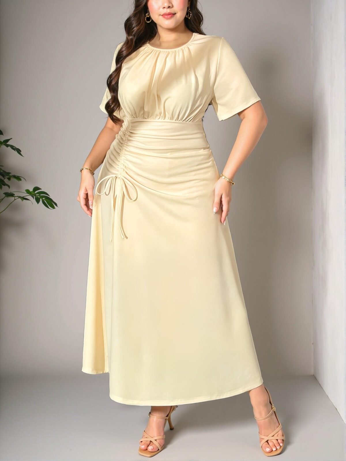 Elegant Apricot Chic Plus Size Women's Summer Maxi Dress with Drawstring Waist and Ruched Detail for Business Casual and Everyday Wear – Chic, Classy and Trendy Fashion Style to Dress to Impress - Image 5