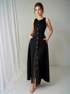Elegant Black Timeless Single Breasted Pocketed A-Line Casual Dress for Spring and Summer - Chic, Classy and Trendy Fashion Style to Dress to Impress