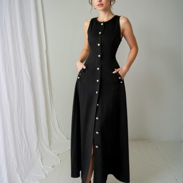 Elegant Black Timeless Single Breasted Pocketed A-Line Casual Dress for Spring and Summer - Chic, Classy and Trendy Fashion Style to Dress to Impress