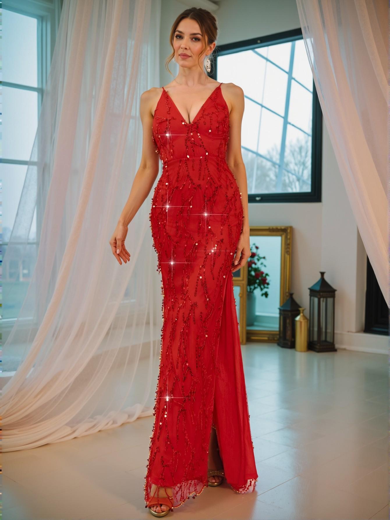 Elegant Red Sequin Maxi Dress with High Waist and Backless Design for Formal Occasions, Perfect for party, prom, graduation day, and ceremony for university, college, and high school, Formal Evening Dinner Cocktail, Wedding Guest Gown, Chic, Classy and Trendy Fashion Style to Dress to Impress.