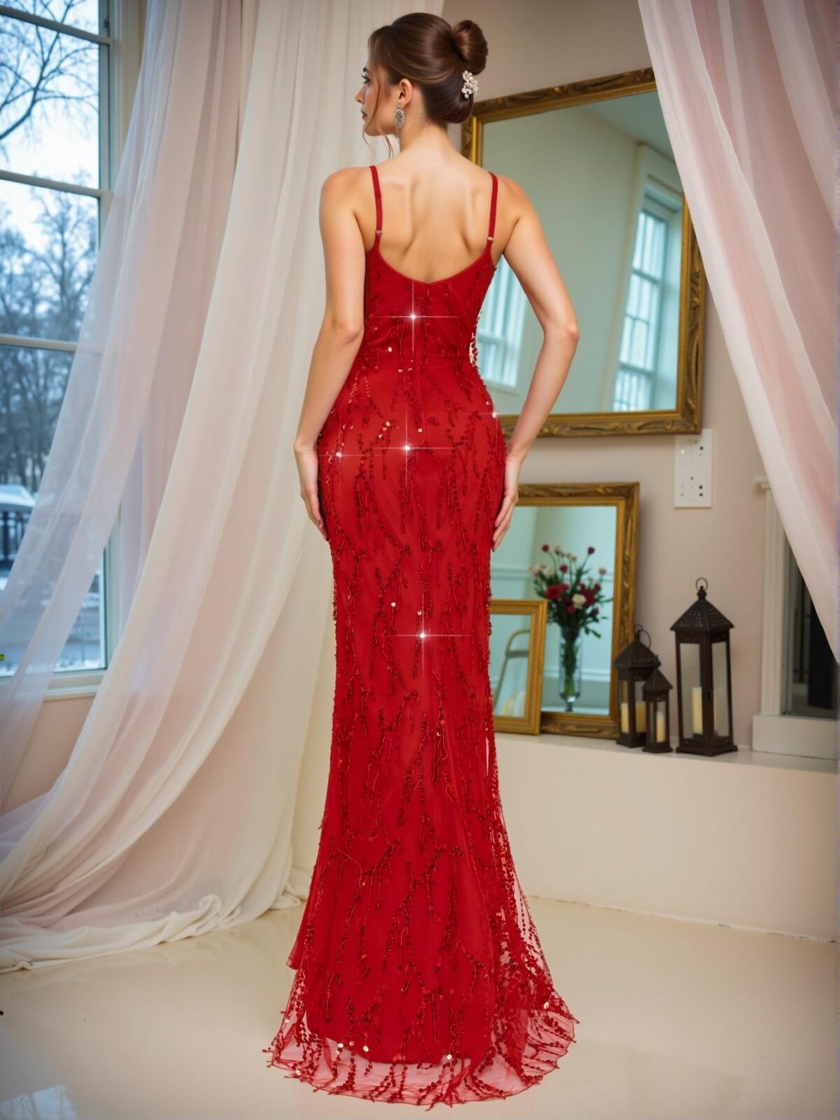 Elegant Red Sequin Maxi Dress with High Waist and Backless Design for Formal Occasions, Perfect for party, prom, graduation day, and ceremony for university, college, and high school, Formal Evening Dinner Cocktail, Wedding Guest Gown, Chic, Classy and Trendy Fashion Style to Dress to Impress. - Image 2