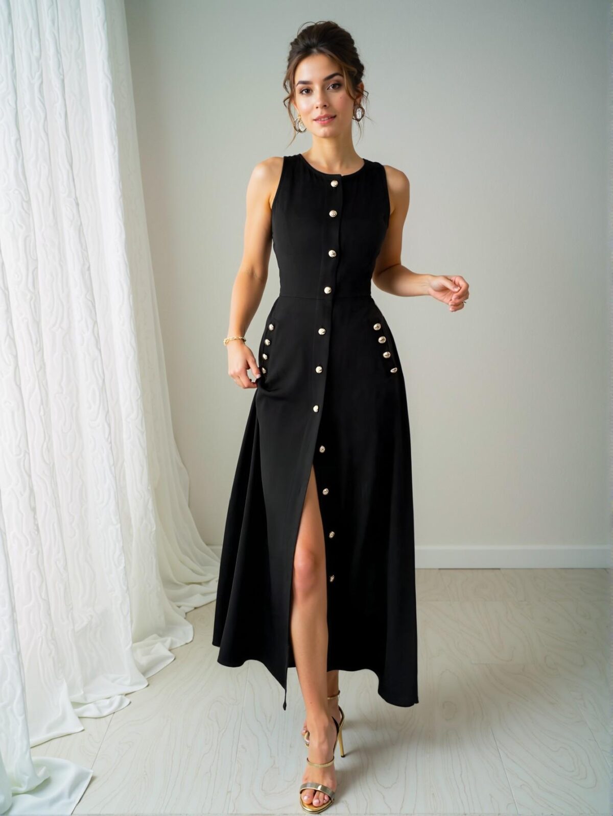 Elegant Black Timeless Single Breasted Pocketed A-Line Casual Dress for Spring and Summer - Chic, Classy and Trendy Fashion Style to Dress to Impress - Image 3