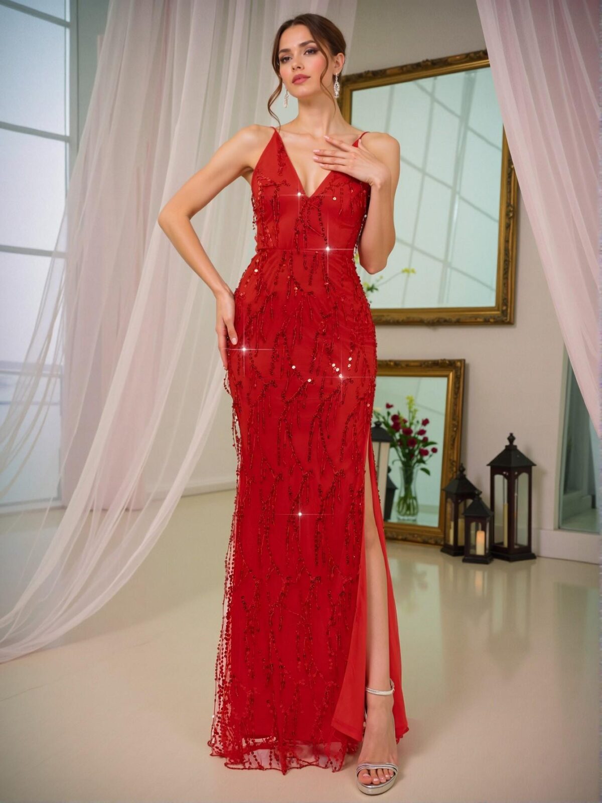Elegant Red Sequin Maxi Dress with High Waist and Backless Design for Formal Occasions, Perfect for party, prom, graduation day, and ceremony for university, college, and high school, Formal Evening Dinner Cocktail, Wedding Guest Gown, Chic, Classy and Trendy Fashion Style to Dress to Impress. - Image 4