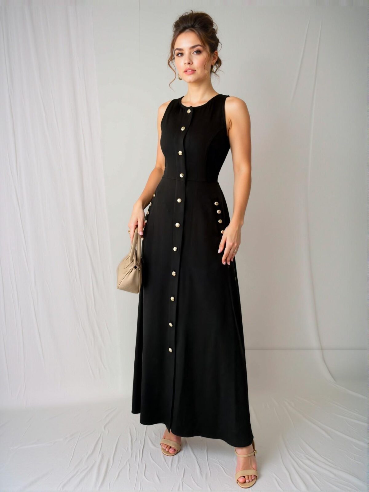 Elegant Black Timeless Single Breasted Pocketed A-Line Casual Dress for Spring and Summer - Chic, Classy and Trendy Fashion Style to Dress to Impress - Image 4