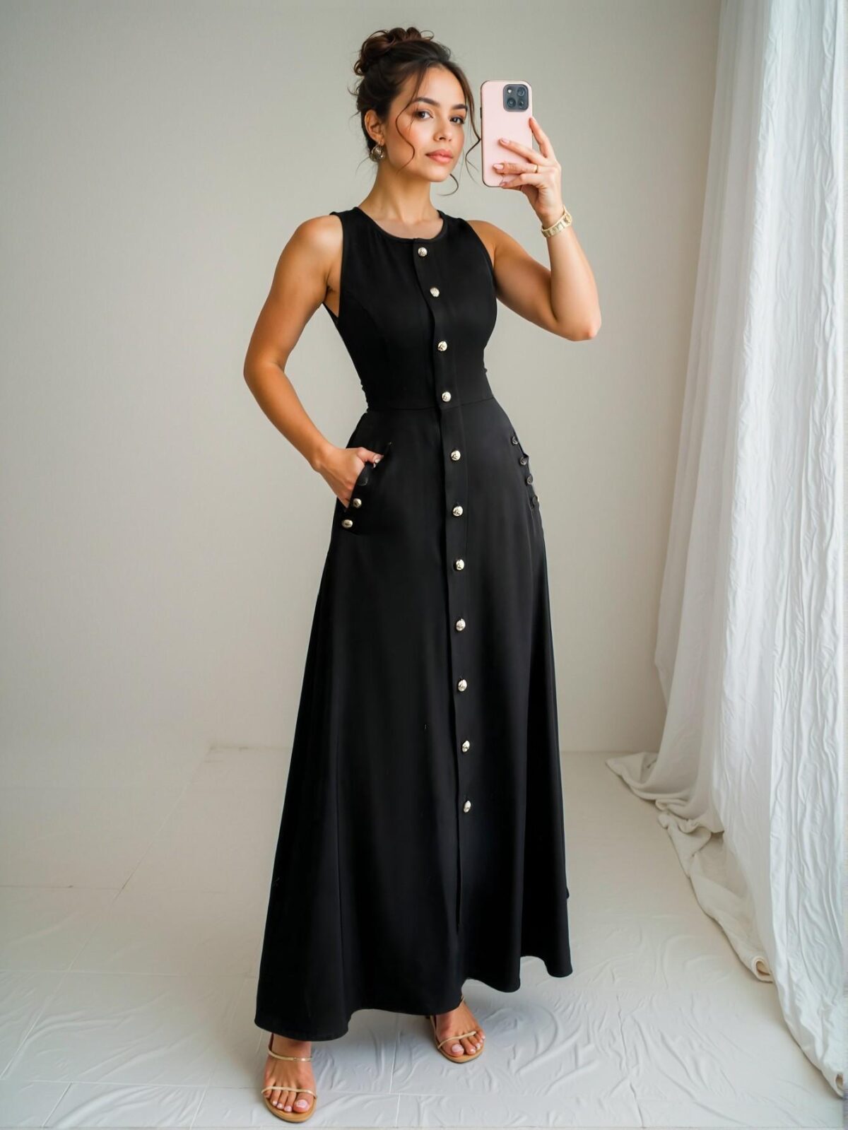 Elegant Black Timeless Single Breasted Pocketed A-Line Casual Dress for Spring and Summer - Chic, Classy and Trendy Fashion Style to Dress to Impress - Image 5