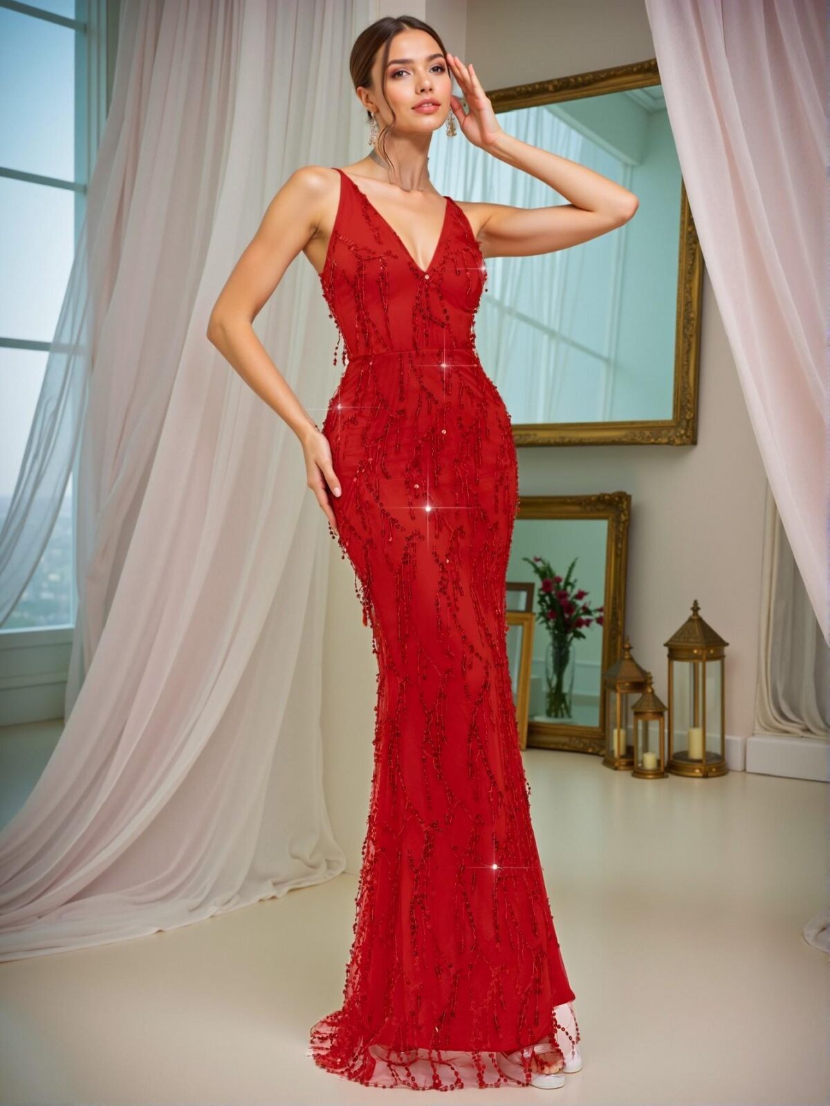 Elegant Red Sequin Maxi Dress with High Waist and Backless Design for Formal Occasions, Perfect for party, prom, graduation day, and ceremony for university, college, and high school, Formal Evening Dinner Cocktail, Wedding Guest Gown, Chic, Classy and Trendy Fashion Style to Dress to Impress. - Image 5