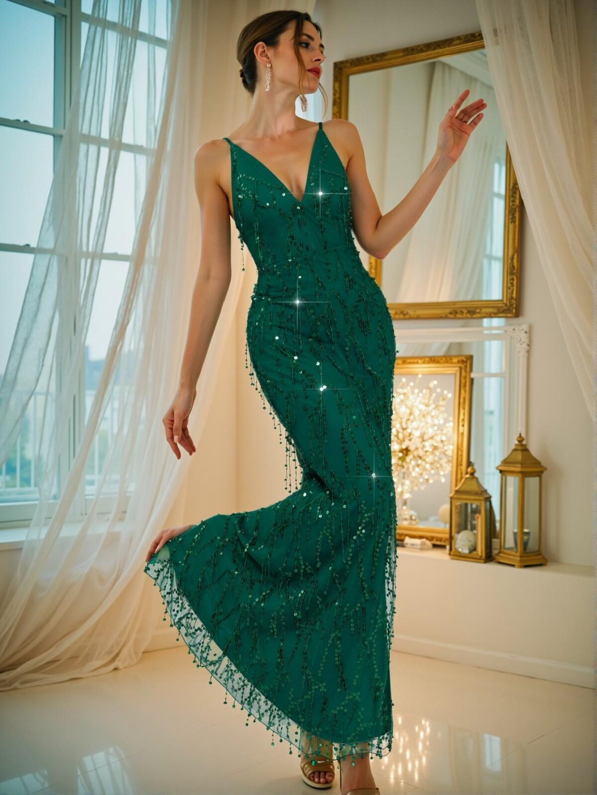 Elegant Dark Green Backless High Waist Side Split Sequin Maxi Dress, Chic Slim Fit Evening Gown for Prom, Dinner, and Formal Events, Perfect for party, prom, graduation day, and ceremony for university, college, and high school, Formal Evening Dinner Cocktail, Wedding Guest Gown, Chic, Classy and Trendy Fashion Style to Dress to Impress. - Image 3