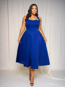 Elegant Blue Flared Midi Dress with Halter Neck and Zipper Detail for Special Occasions in Spring and Summer - Chic, Classy, and Trendy Fashion Style to Dress to Impress