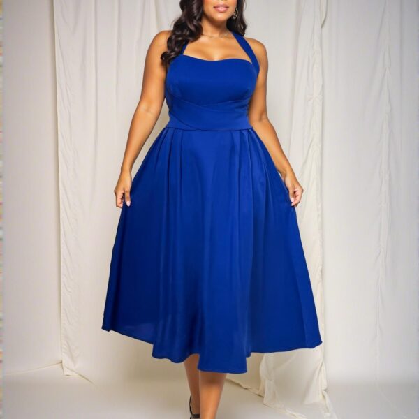 Elegant Blue Flared Midi Dress with Halter Neck and Zipper Detail for Special Occasions in Spring and Summer - Chic, Classy, and Trendy Fashion Style to Dress to Impress