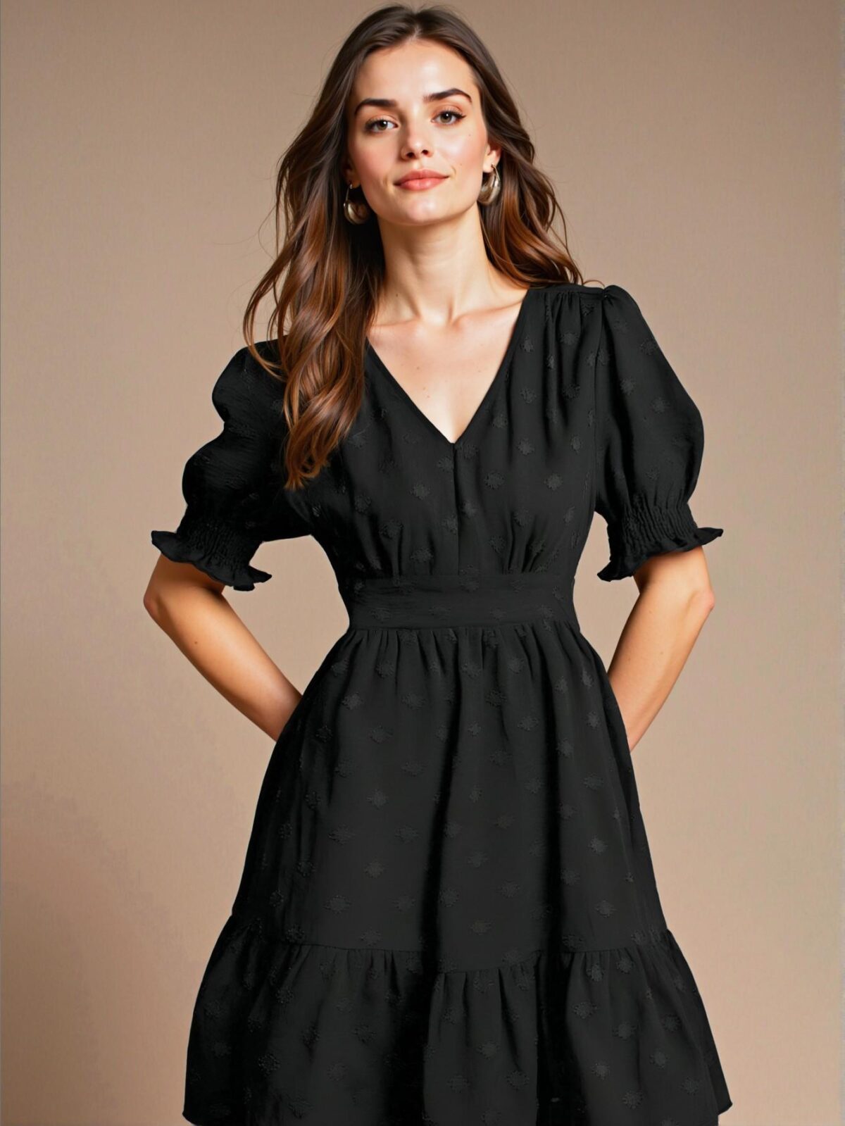 Elegant Black Stylish V-Neck Puff Sleeve Mini Dress for Spring and Summer - Chic, Classy and Trendy Fashion Style to Dress to Impress