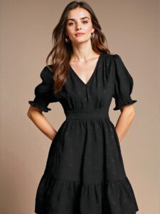 Elegant Black Stylish V-Neck Puff Sleeve Mini Dress for Spring and Summer - Chic, Classy and Trendy Fashion Style to Dress to Impress