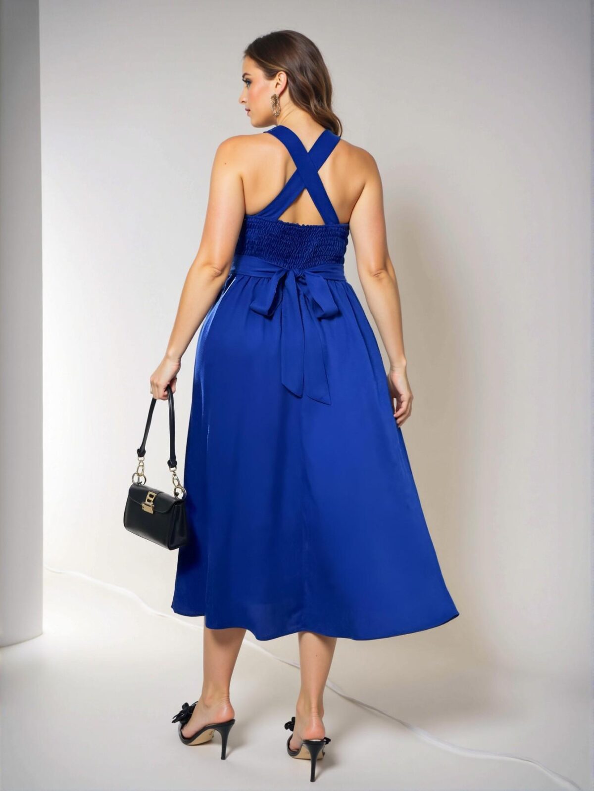 Elegant Blue Flared Midi Dress with Halter Neck and Zipper Detail for Special Occasions in Spring and Summer - Chic, Classy, and Trendy Fashion Style to Dress to Impress - Image 2
