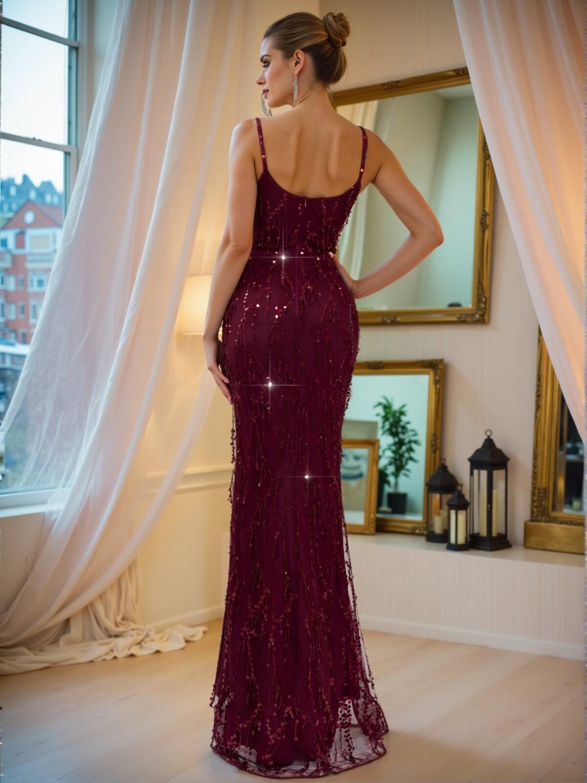 Elegant Burgundy Backless High Waist Side Split Sequin Maxi Dress for Demure Slim Evening Wear, Stylish Date Night Attire, Formal Gown, and Wedding Guest Ensemble. Perfect for party, prom, graduation day, and ceremony for university, college, and high school, Formal Evening Dinner Cocktail, Wedding Guest Gown, Chic, Classy and Trendy Fashion Style to Dress to Impress. - Image 2