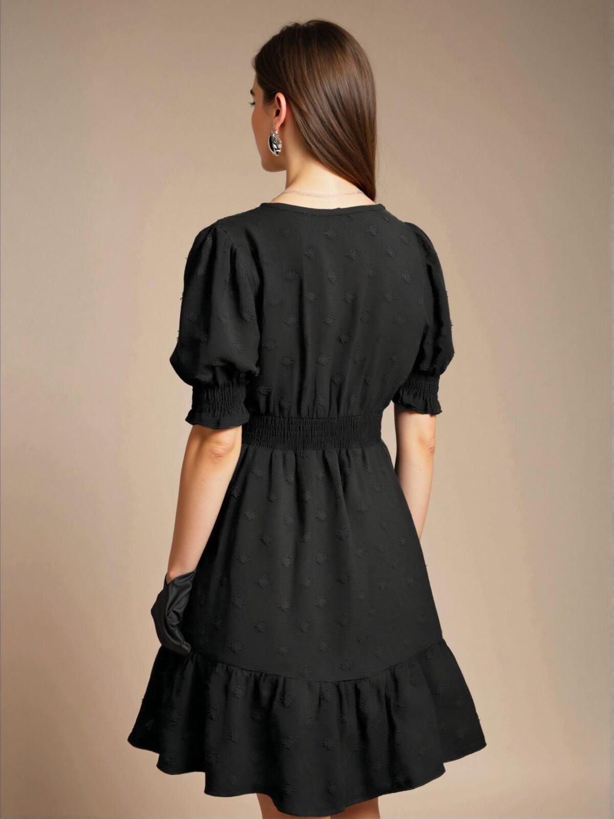 Elegant Black Stylish V-Neck Puff Sleeve Mini Dress for Spring and Summer - Chic, Classy and Trendy Fashion Style to Dress to Impress - Image 2