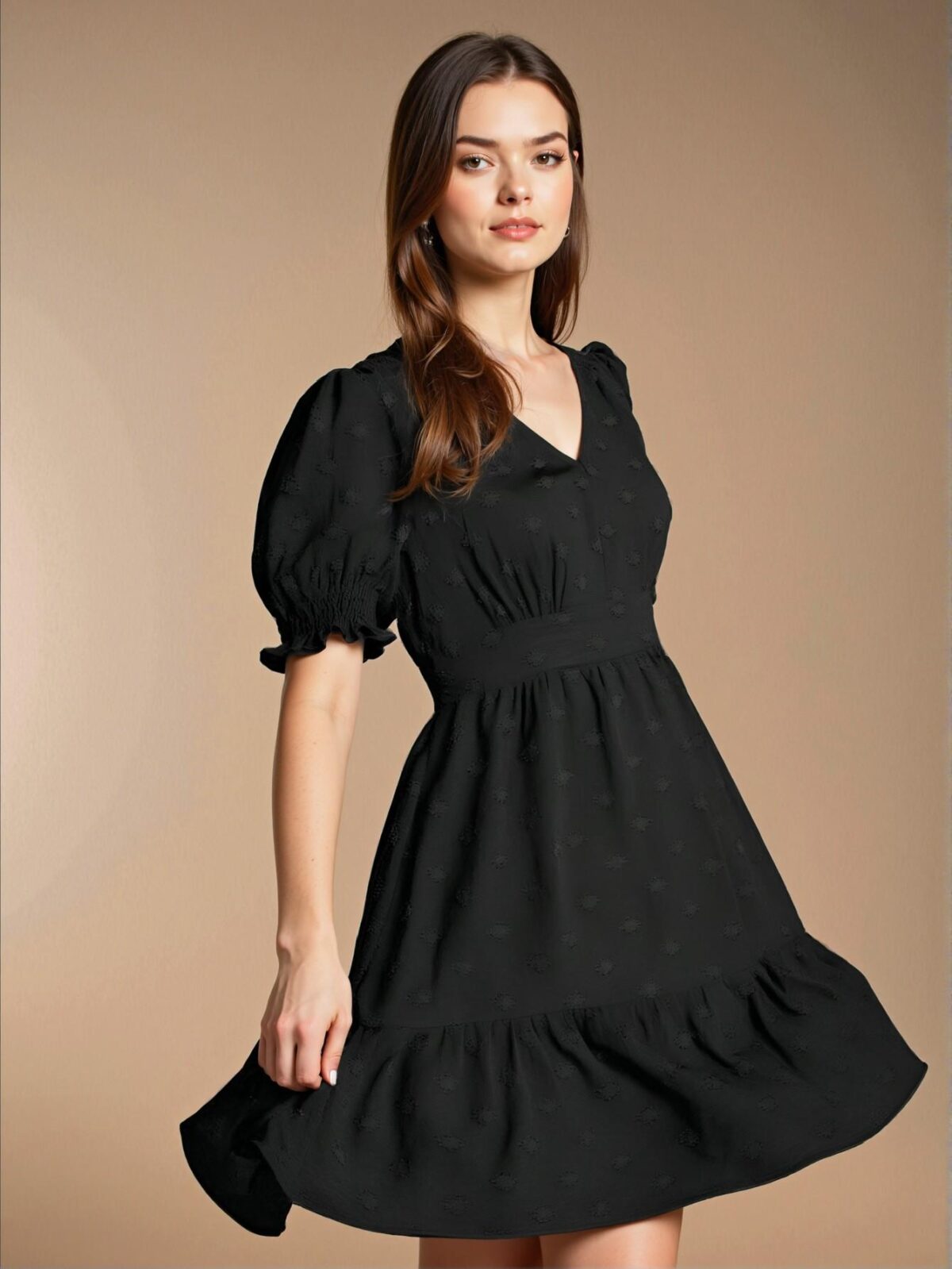 Elegant Black Stylish V-Neck Puff Sleeve Mini Dress for Spring and Summer - Chic, Classy and Trendy Fashion Style to Dress to Impress - Image 3