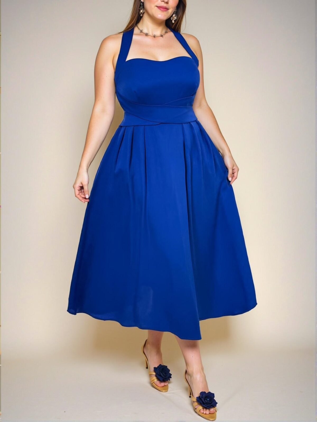 Elegant Blue Flared Midi Dress with Halter Neck and Zipper Detail for Special Occasions in Spring and Summer - Chic, Classy, and Trendy Fashion Style to Dress to Impress - Image 4