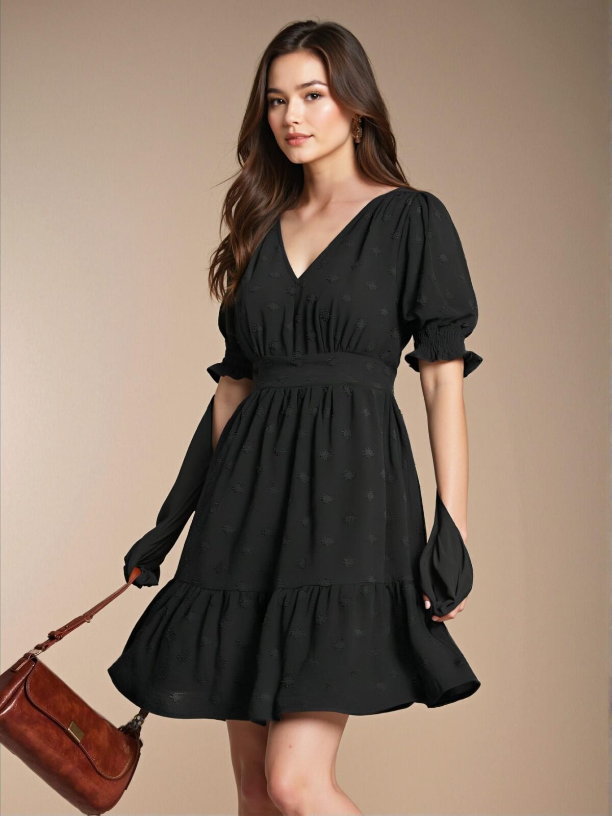 Elegant Black Stylish V-Neck Puff Sleeve Mini Dress for Spring and Summer - Chic, Classy and Trendy Fashion Style to Dress to Impress - Image 4