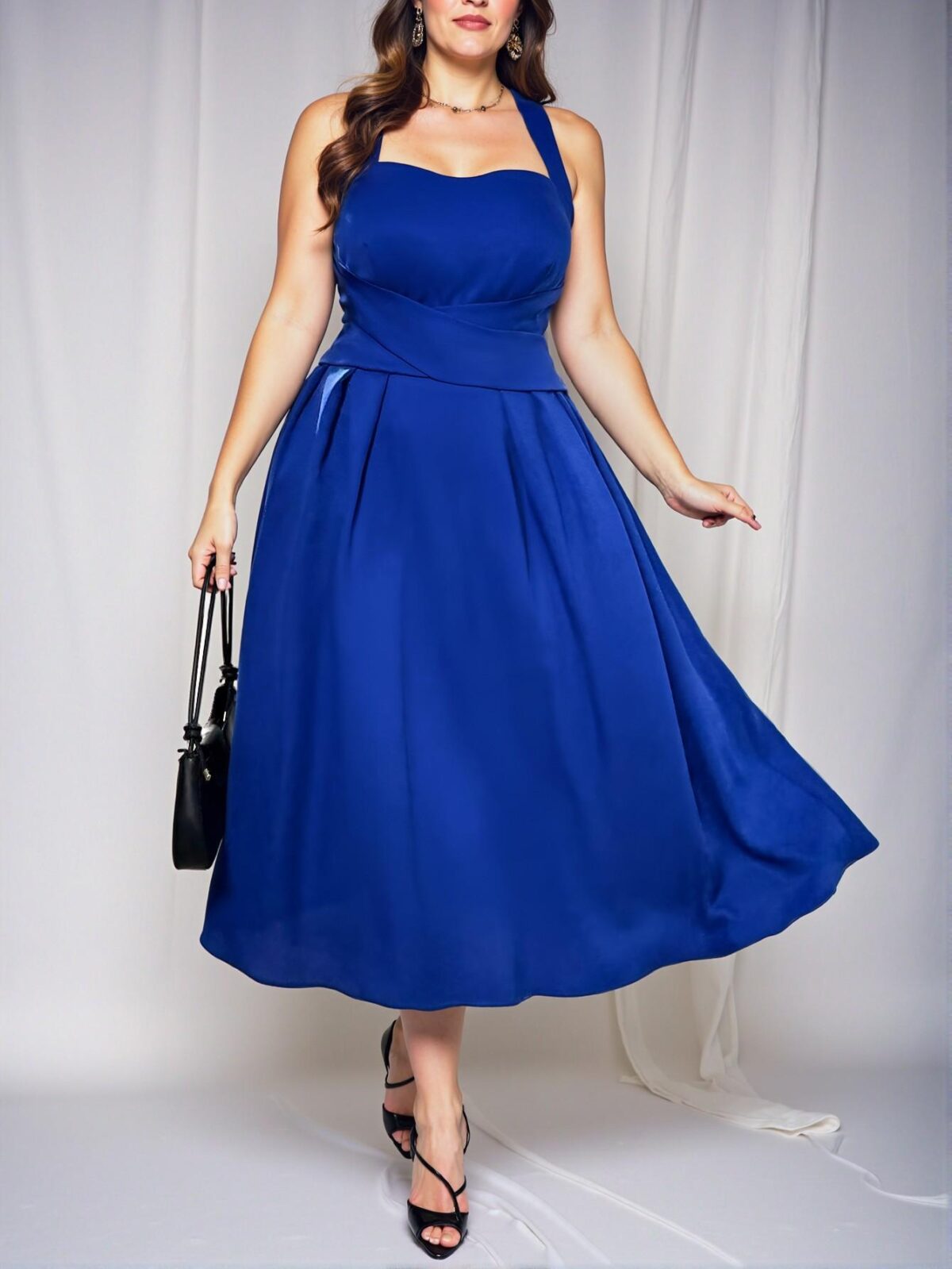 Elegant Blue Flared Midi Dress with Halter Neck and Zipper Detail for Special Occasions in Spring and Summer - Chic, Classy, and Trendy Fashion Style to Dress to Impress - Image 5