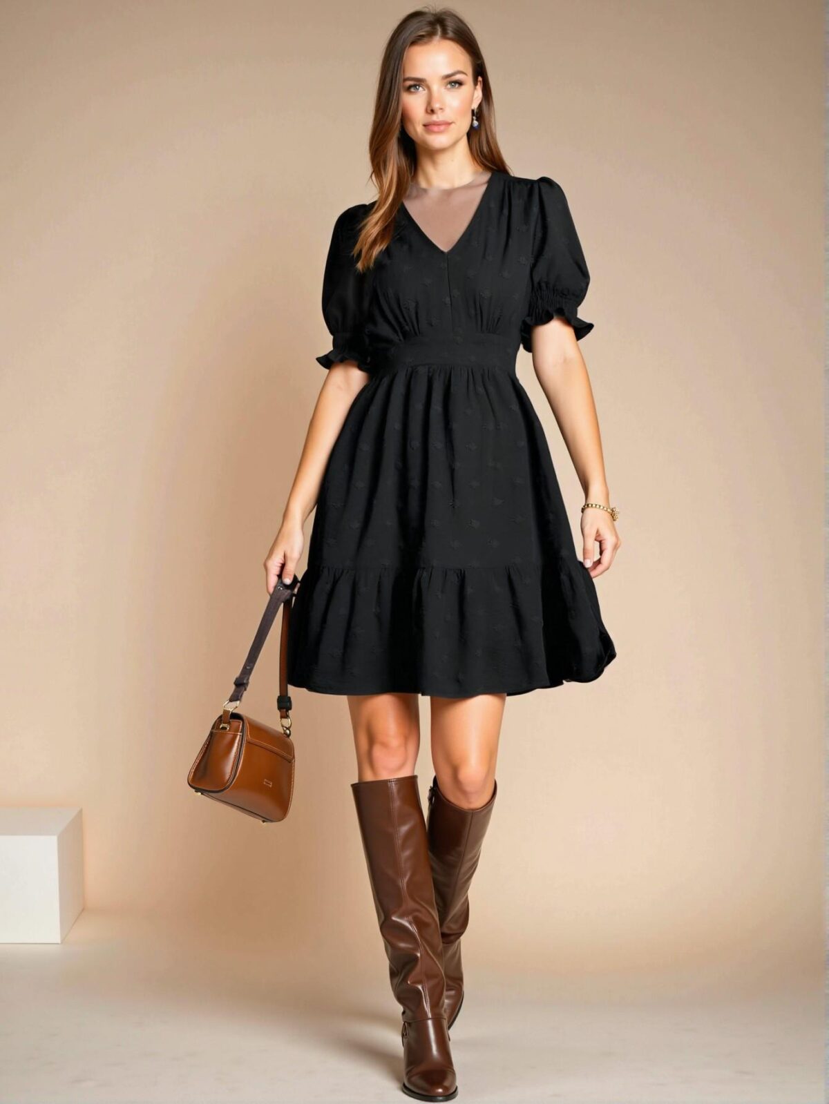 Elegant Black Stylish V-Neck Puff Sleeve Mini Dress for Spring and Summer - Chic, Classy and Trendy Fashion Style to Dress to Impress - Image 5
