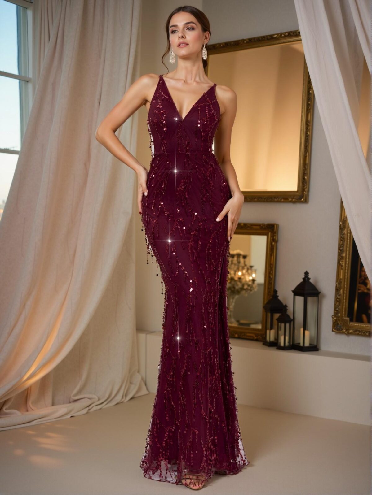 Elegant Burgundy Backless High Waist Side Split Sequin Maxi Dress for Demure Slim Evening Wear, Stylish Date Night Attire, Formal Gown, and Wedding Guest Ensemble. Perfect for party, prom, graduation day, and ceremony for university, college, and high school, Formal Evening Dinner Cocktail, Wedding Guest Gown, Chic, Classy and Trendy Fashion Style to Dress to Impress. - Image 5