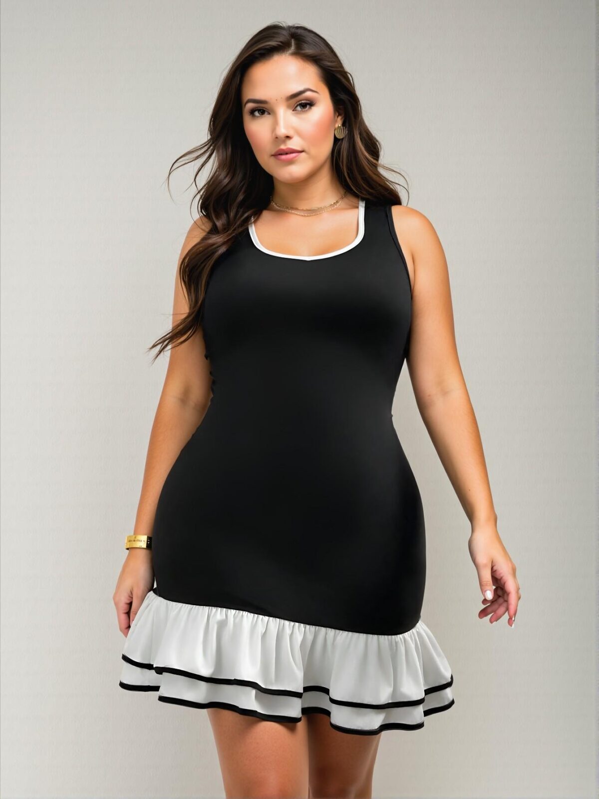 Elegant Black and White Colorblock Bodycon Dress with Ruffle Hem for Formal Events, Concerts, and Parties - Chic, Classy and Trendy Fashion Style to Dress to Impress - Image 2