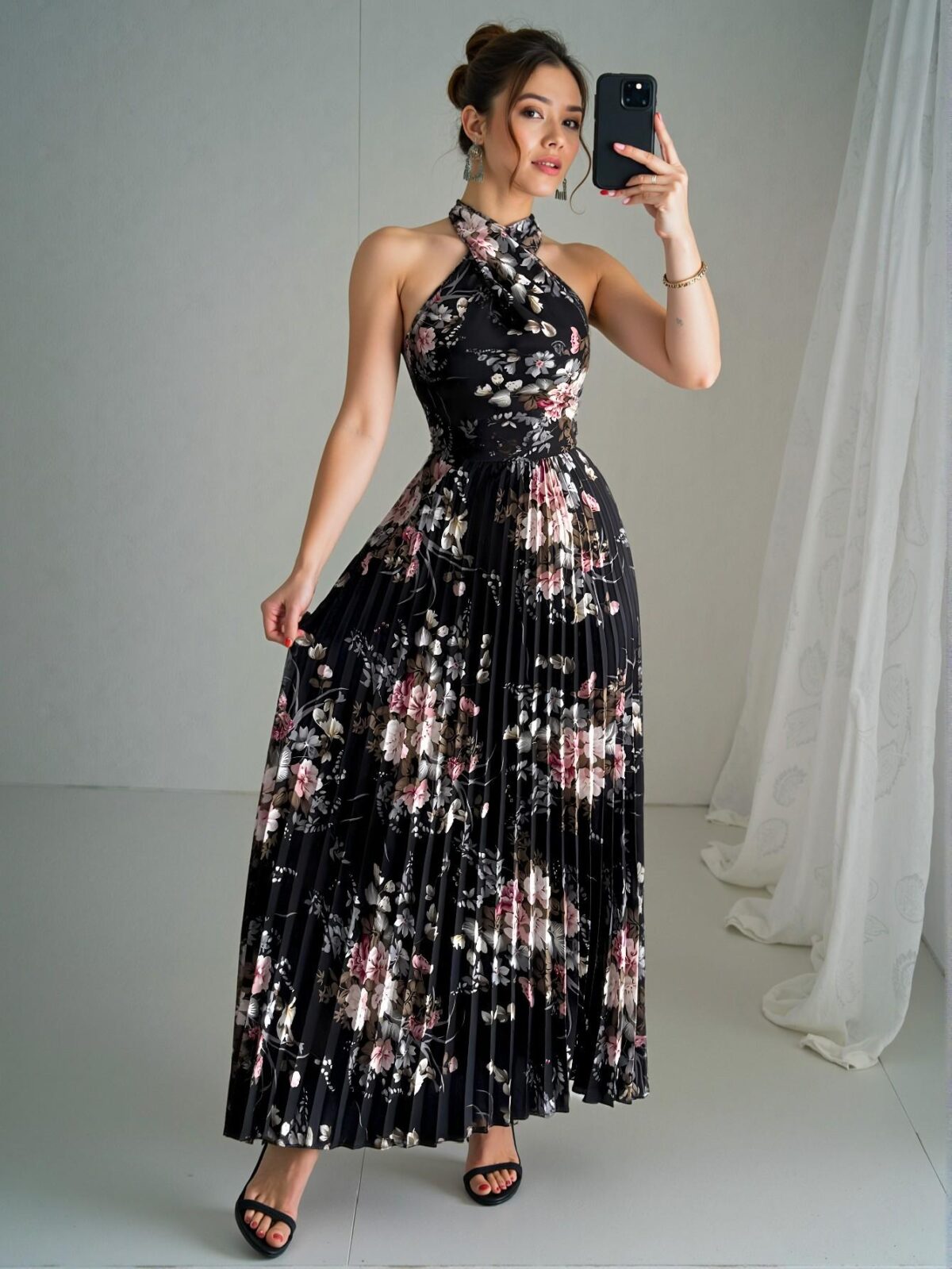 Elegant Black Floral Print A-Line Maxi Dress with Criss-Cross Neck and Bowknot Waist for Spring and Summer - Chic, Classy and Trendy Fashion Style to Dress to Impress