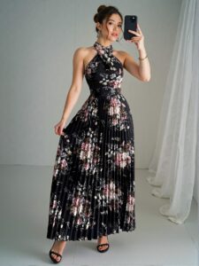 Elegant Black Floral Print A-Line Maxi Dress with Criss-Cross Neck and Bowknot Waist for Spring and Summer - Chic, Classy and Trendy Fashion Style to Dress to Impress