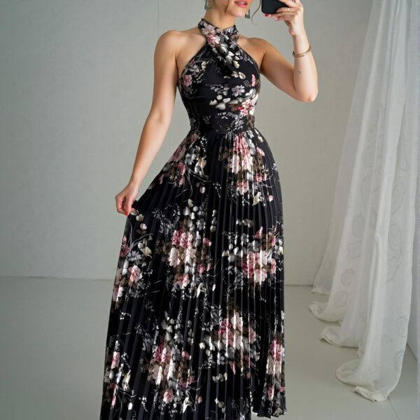 Elegant Black Floral Print A-Line Maxi Dress with Criss-Cross Neck and Bowknot Waist for Spring and Summer - Chic, Classy and Trendy Fashion Style to Dress to Impress