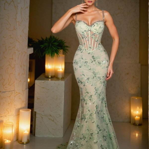 Elegant Mint Green Embroidered Sequin and Rhinestone Chain Adjustable Strap Fishtail Dress, Ideal for Seaside Vacations, Birthday Celebrations, Graduation Events, and Formal Gatherings. Perfect for party, prom, graduation day, and ceremony for university, college, and high school, Formal Evening Dinner Cocktail, Wedding Guest Gown, Chic, Classy and Trendy Fashion Style to Dress to Impress.