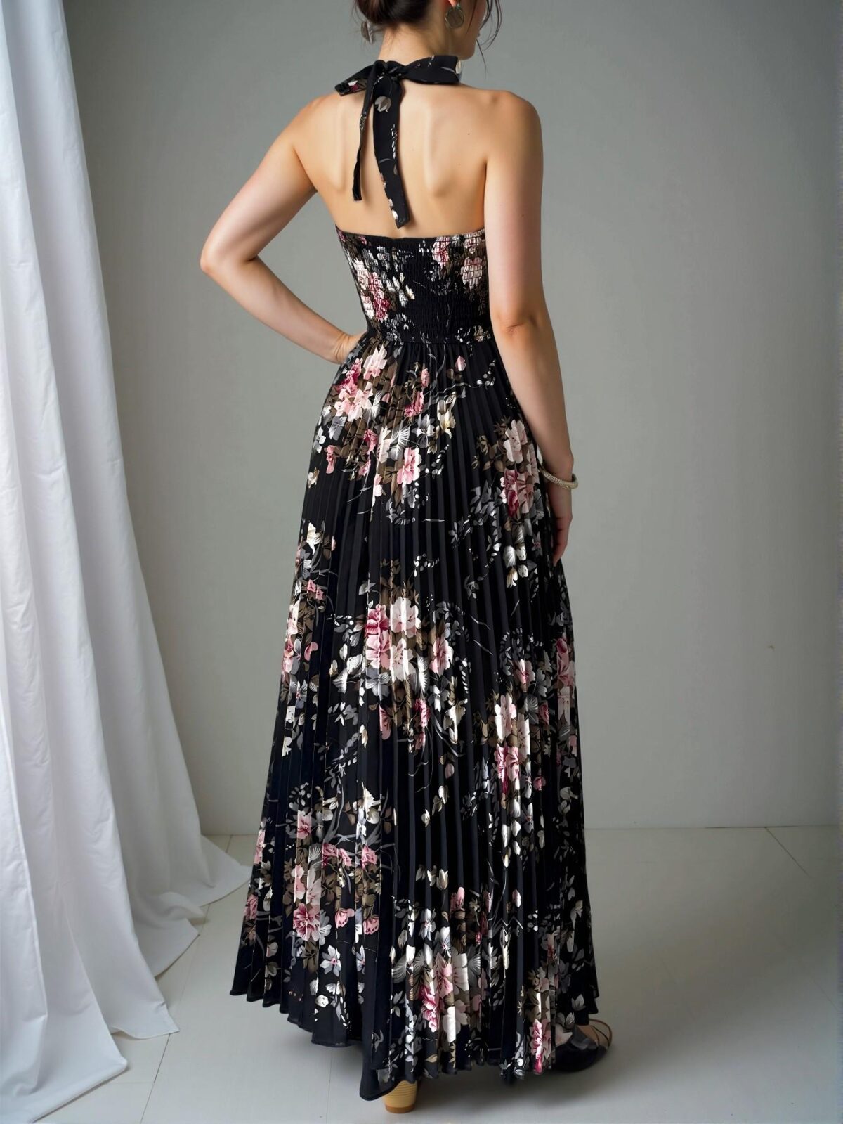 Elegant Black Floral Print A-Line Maxi Dress with Criss-Cross Neck and Bowknot Waist for Spring and Summer - Chic, Classy and Trendy Fashion Style to Dress to Impress - Image 2