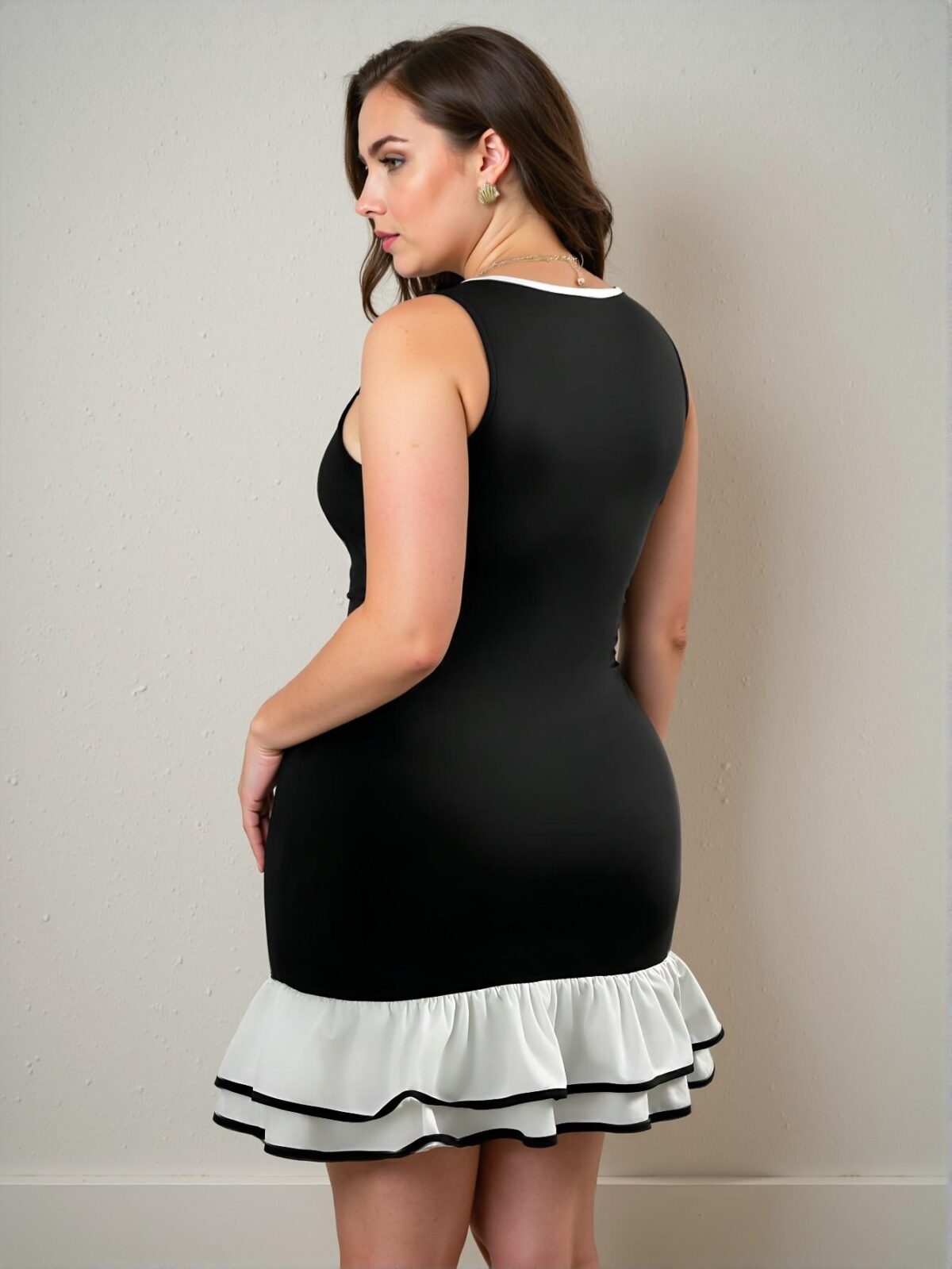 Elegant Black and White Colorblock Bodycon Dress with Ruffle Hem for Formal Events, Concerts, and Parties - Chic, Classy and Trendy Fashion Style to Dress to Impress - Image 4