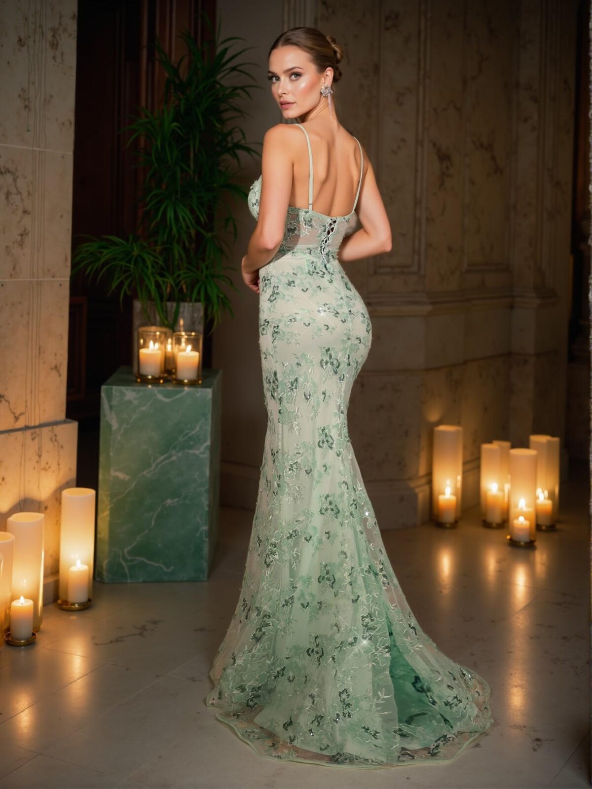 Elegant Mint Green Embroidered Sequin and Rhinestone Chain Adjustable Strap Fishtail Dress, Ideal for Seaside Vacations, Birthday Celebrations, Graduation Events, and Formal Gatherings. Perfect for party, prom, graduation day, and ceremony for university, college, and high school, Formal Evening Dinner Cocktail, Wedding Guest Gown, Chic, Classy and Trendy Fashion Style to Dress to Impress. - Image 3