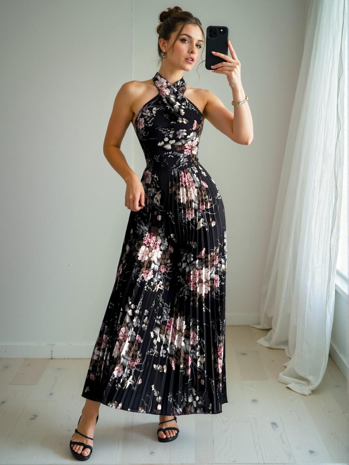Elegant Black Floral Print A-Line Maxi Dress with Criss-Cross Neck and Bowknot Waist for Spring and Summer - Chic, Classy and Trendy Fashion Style to Dress to Impress - Image 4