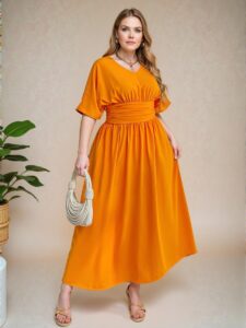 Elegant Orange Effortlessly Chic V-Neck Short Sleeve High Waist Gathered Fitted Swing Dress for Daily Commutes and Casual Outings in Spring/Summer "Chic, Classy and Trendy Fashion Style to Dress to Impress"