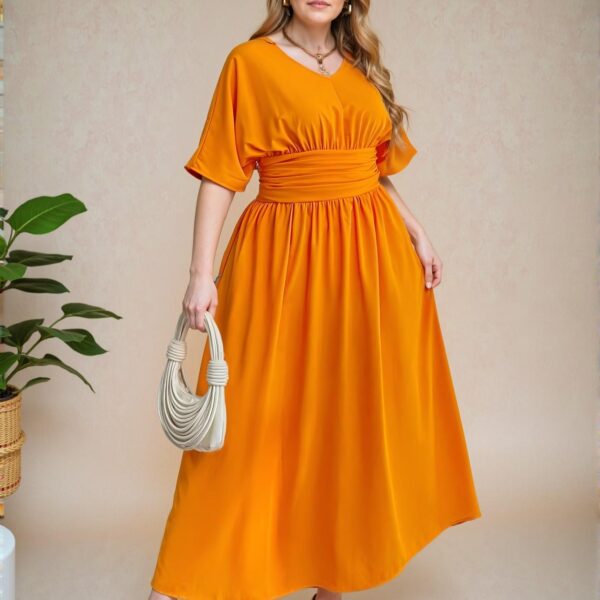 Elegant Orange Effortlessly Chic V-Neck Short Sleeve High Waist Gathered Fitted Swing Dress for Daily Commutes and Casual Outings in Spring/Summer "Chic, Classy and Trendy Fashion Style to Dress to Impress"