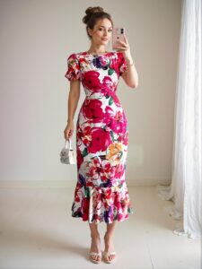 Elegant Multicolor Floral-Print High-Waisted Midi Dress with Ruffle Hem for Spring and Summer - Chic, Classy and Trendy Fashion Style to Dress to Impress