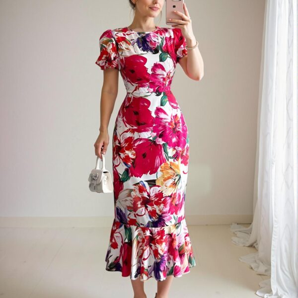 Elegant Multicolor Floral-Print High-Waisted Midi Dress with Ruffle Hem for Spring and Summer - Chic, Classy and Trendy Fashion Style to Dress to Impress
