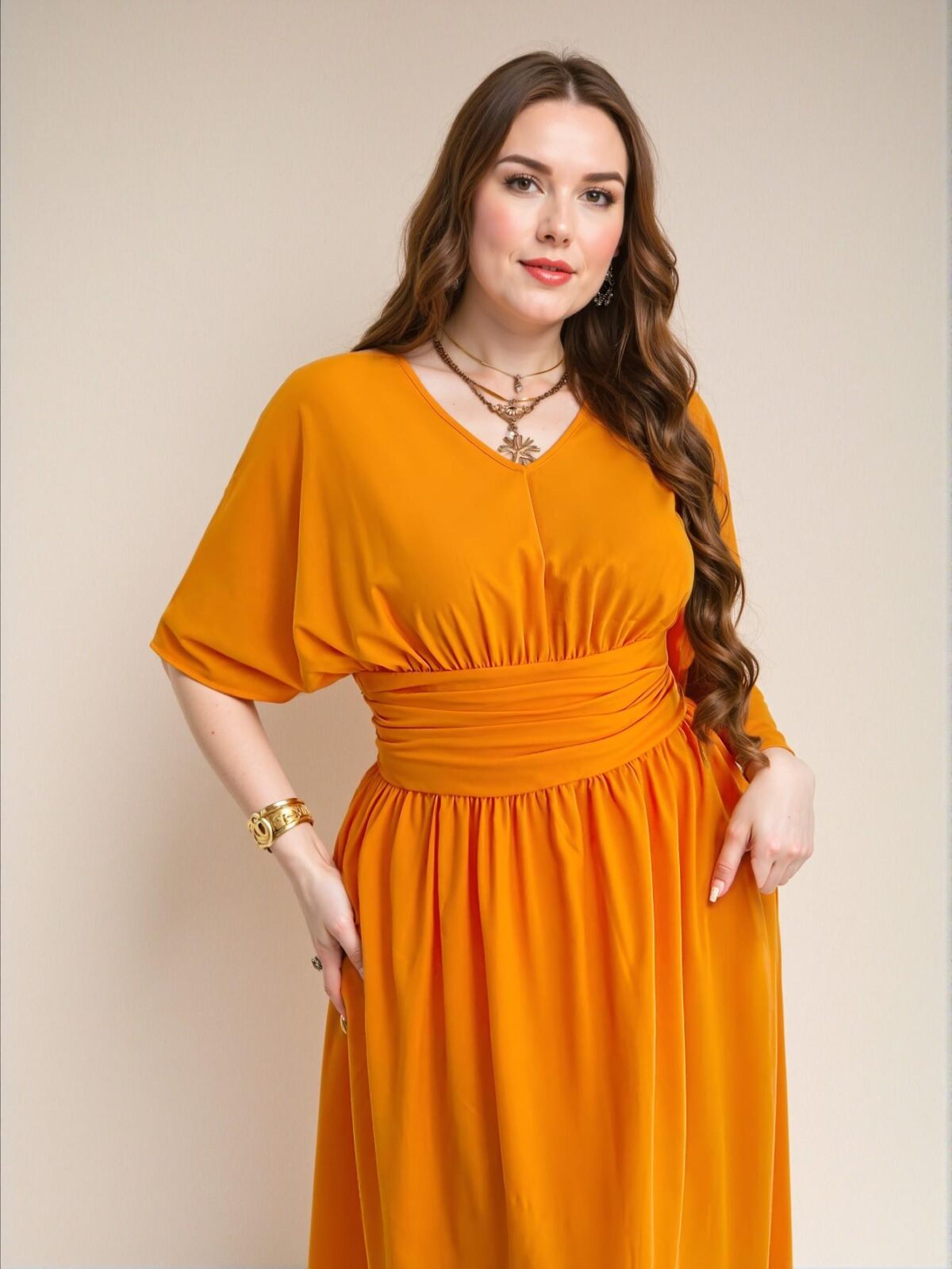 Elegant Orange Effortlessly Chic V-Neck Short Sleeve High Waist Gathered Fitted Swing Dress for Daily Commutes and Casual Outings in Spring/Summer "Chic, Classy and Trendy Fashion Style to Dress to Impress" - Image 2