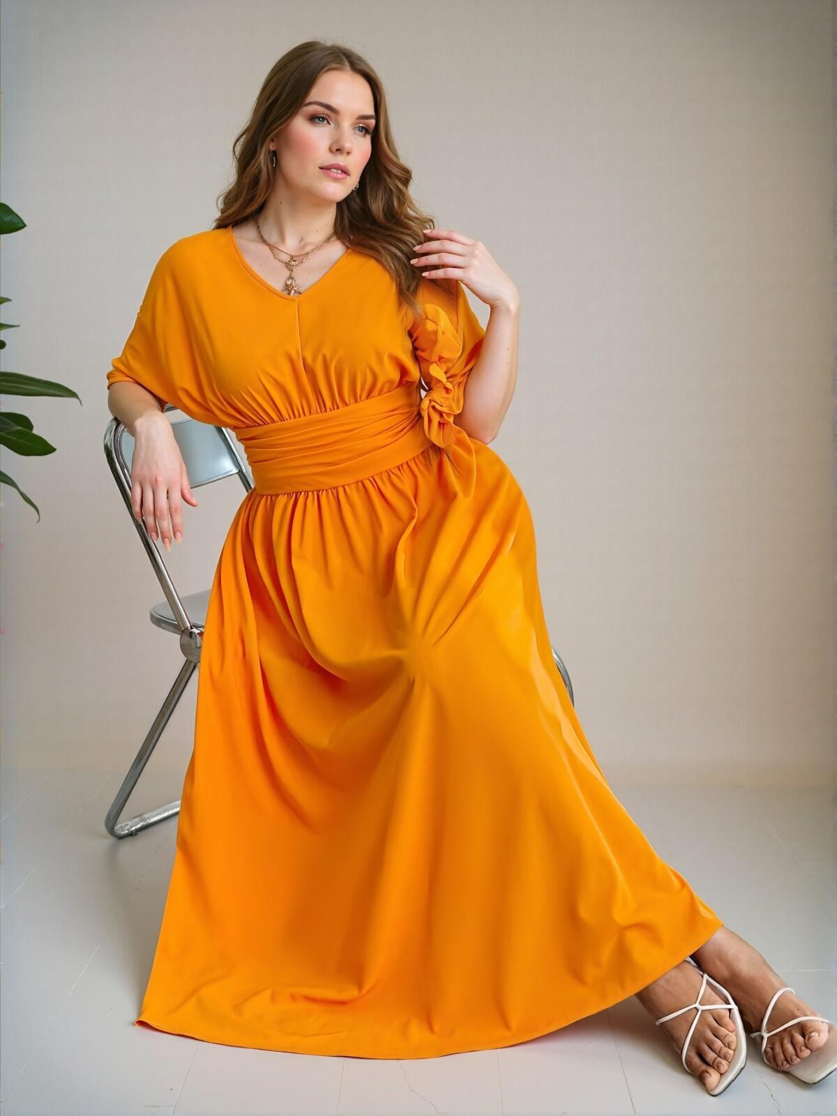 Elegant Orange Effortlessly Chic V-Neck Short Sleeve High Waist Gathered Fitted Swing Dress for Daily Commutes and Casual Outings in Spring/Summer "Chic, Classy and Trendy Fashion Style to Dress to Impress" - Image 3