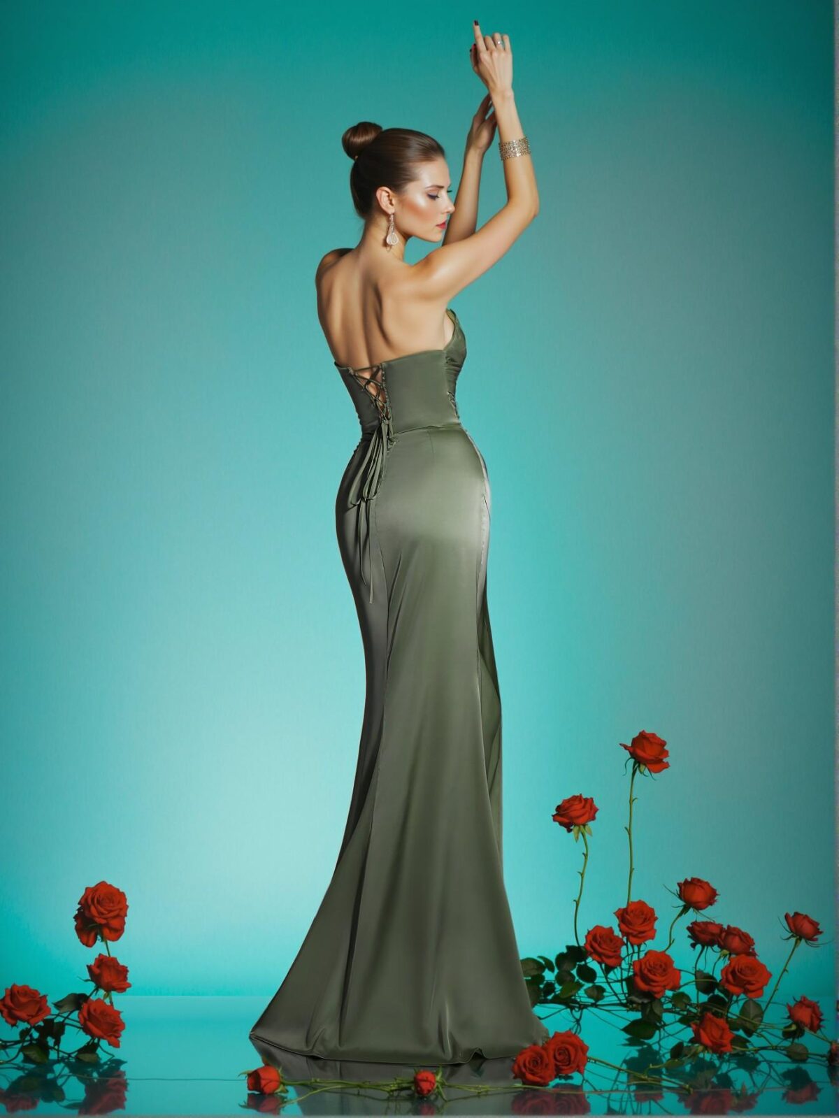 Elegant Army Green Stunning Strapless Empire Waist Evening Gown with Ruched Bodice and High Slit, Adorned with Art Deco Beading for Modern Art Gala and Surrealist Events. Perfect for party, prom, graduation day, and ceremony for university, college, and high school. Formal Evening Dinner Cocktail, Wedding Guest Gown, Chic, Classy and Trendy Fashion Style to Dress to Impress. - Image 2