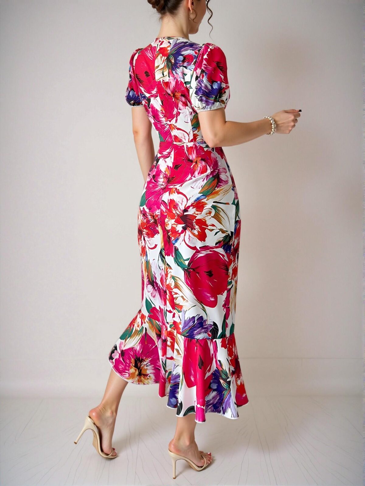 Elegant Multicolor Floral-Print High-Waisted Midi Dress with Ruffle Hem for Spring and Summer - Chic, Classy and Trendy Fashion Style to Dress to Impress - Image 2