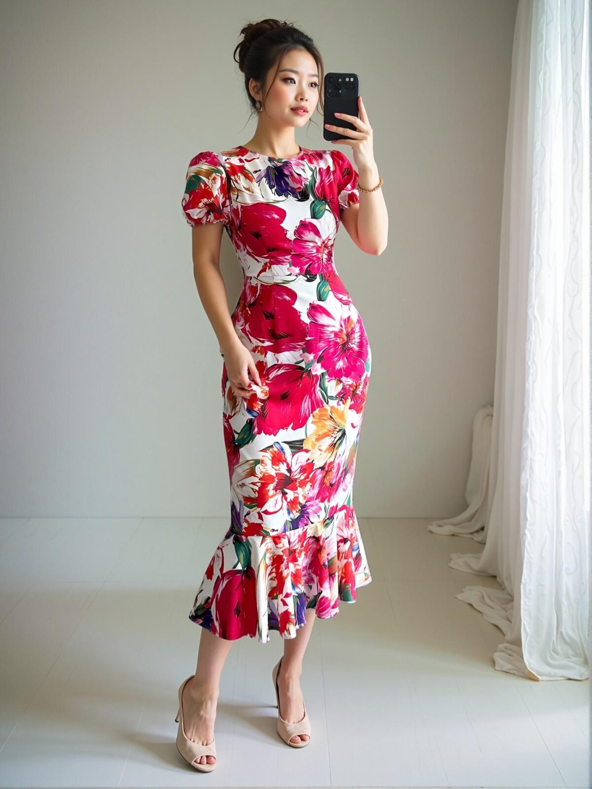 Elegant Multicolor Floral-Print High-Waisted Midi Dress with Ruffle Hem for Spring and Summer - Chic, Classy and Trendy Fashion Style to Dress to Impress - Image 3