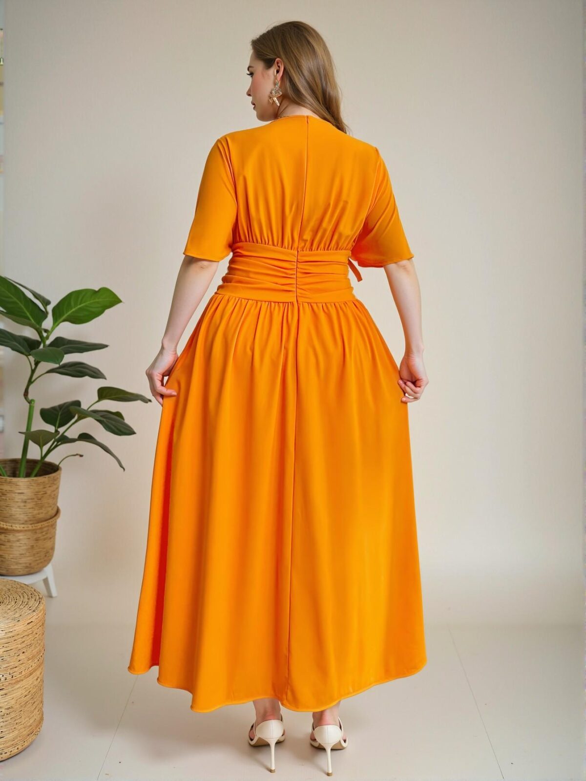 Elegant Orange Effortlessly Chic V-Neck Short Sleeve High Waist Gathered Fitted Swing Dress for Daily Commutes and Casual Outings in Spring/Summer "Chic, Classy and Trendy Fashion Style to Dress to Impress" - Image 4