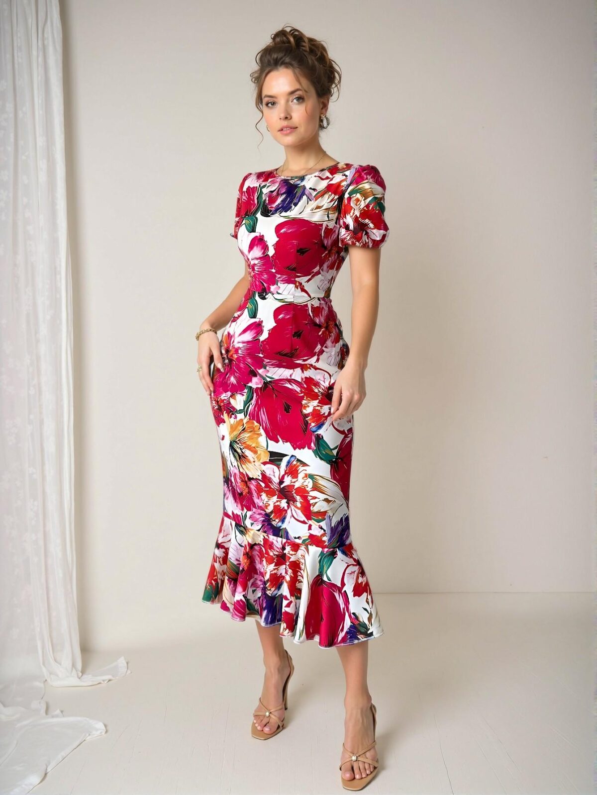 Elegant Multicolor Floral-Print High-Waisted Midi Dress with Ruffle Hem for Spring and Summer - Chic, Classy and Trendy Fashion Style to Dress to Impress - Image 4