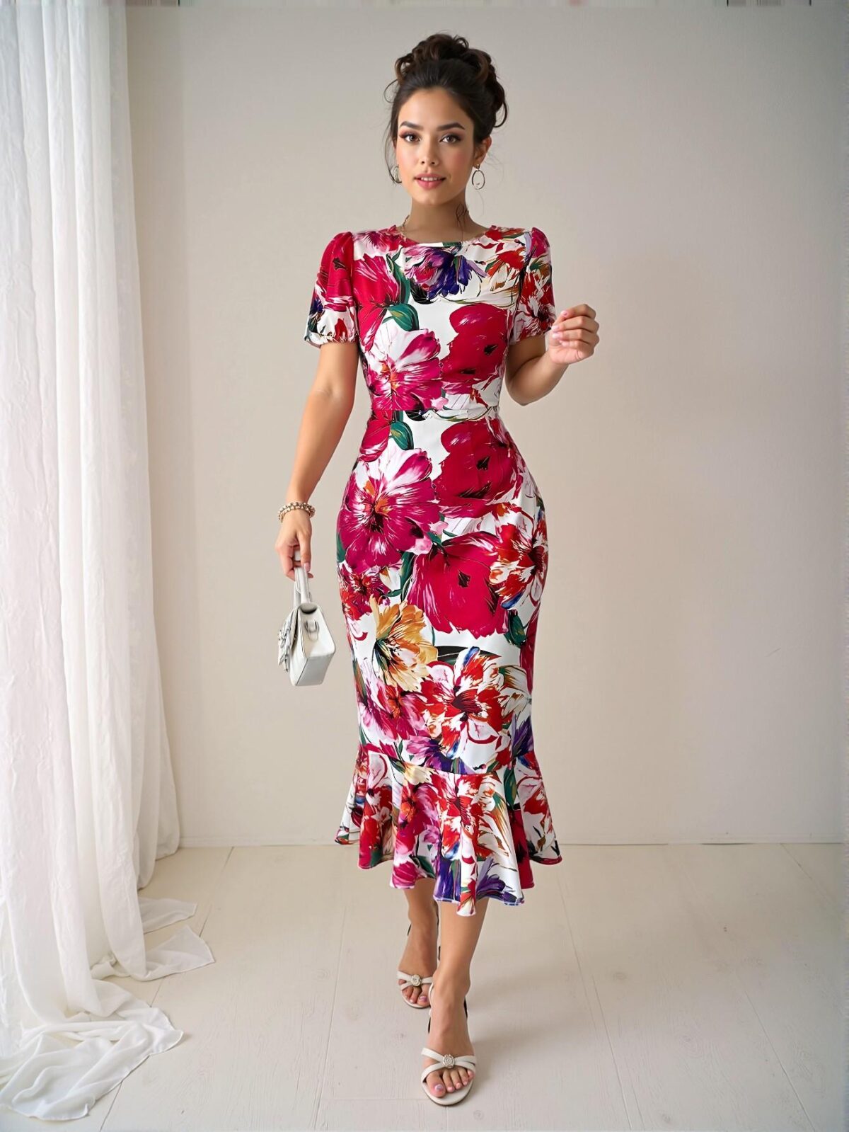 Elegant Multicolor Floral-Print High-Waisted Midi Dress with Ruffle Hem for Spring and Summer - Chic, Classy and Trendy Fashion Style to Dress to Impress - Image 5