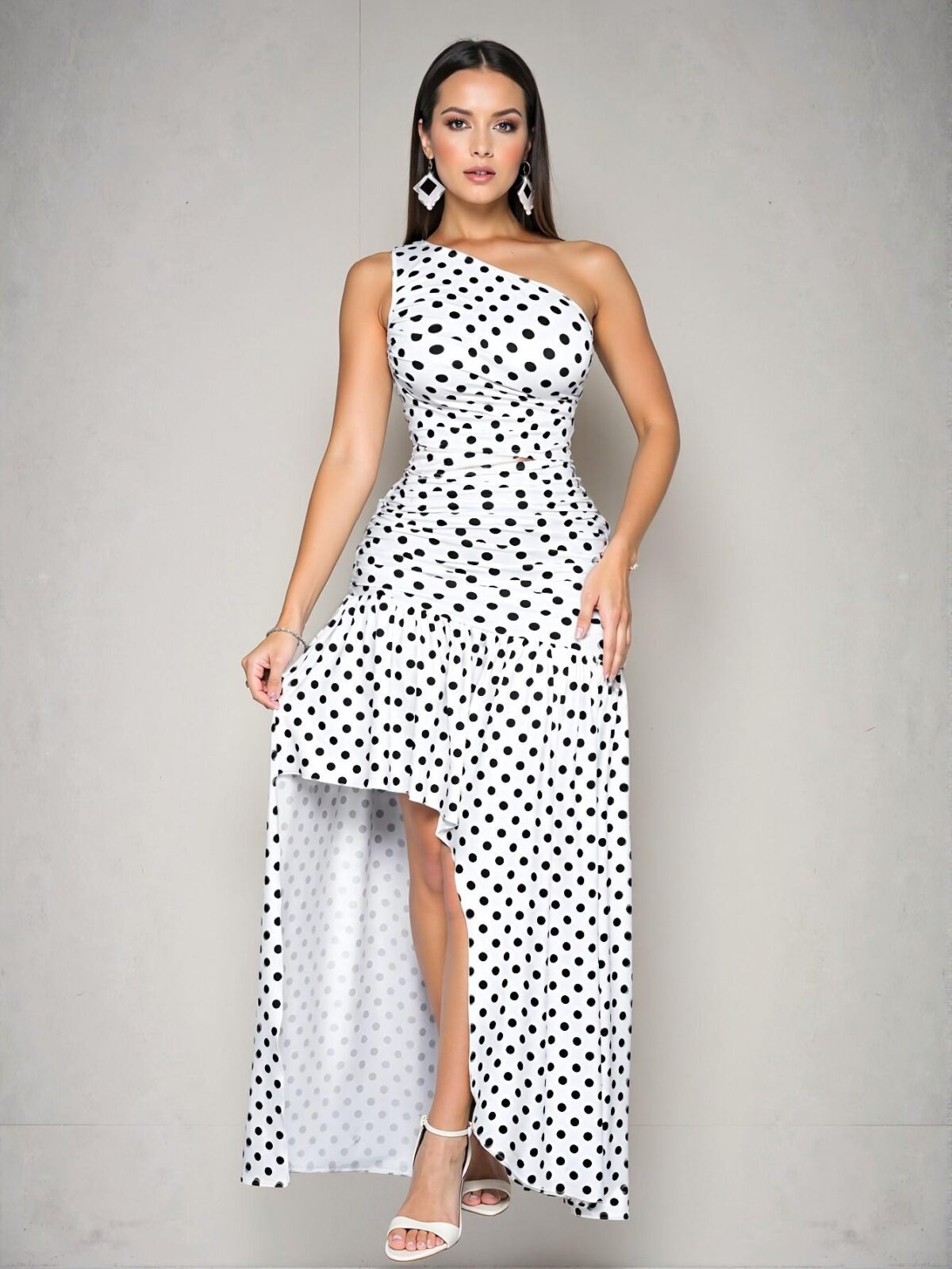 Elegant Black and White Asymmetric Pleated Maxi Dress with Waist Cutout and Ruffle Hem for Chic Spring and Summer Outings - Classy, Stylish, and Trendy Fashion to Dress to Impress - Image 4
