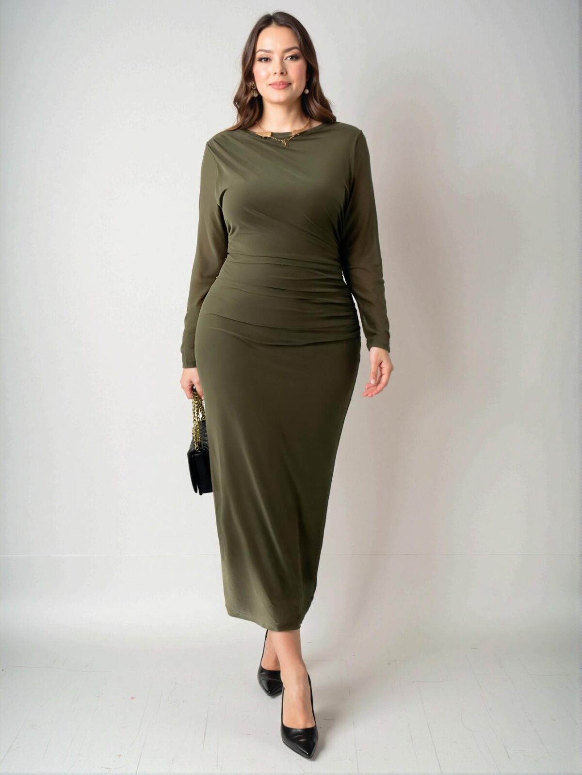 Elegant Army Green Bodycon Midi Dress with Mesh Splice and Ruched Detailing for Office, Formal Occasions, or Concerts - Chic, Classy and Trendy Fashion Style to Dress to Impress